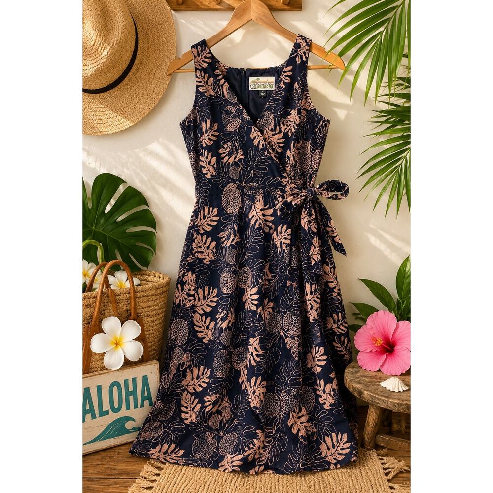 Pataloha Navy Tropical Print Wrap Midi Dress Hawaiian Resort Size 12